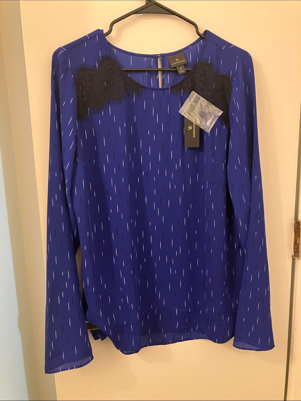 Worthington Royal Blue Long Sleeve Blouse with Black Lace Yoke